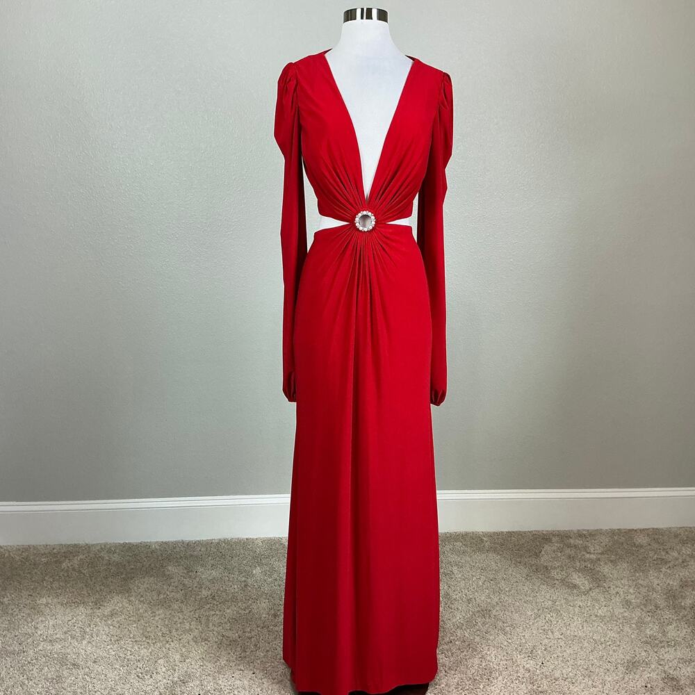 Mac Duggal 26727 Red Evening Gown Long Sleeve Cut Out Column Dress Size 10 - Picture 2 of 13